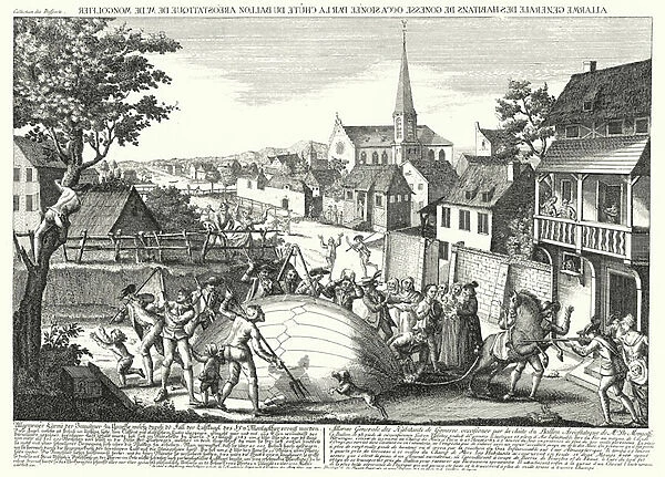 Peasants attacking the balloon of Jacques Charles and the Robert Brothers after it came down at Gonesse, 27 August 1783 (engraving)