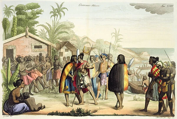 Polynesian Natives Greeting and Rubbing Noses, engraved by A. Bernati (litho)
