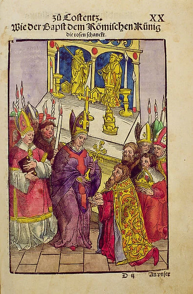 Pope Martin V gives Sigismund the symbolic gift of the Golden Rose at the Council of Constance