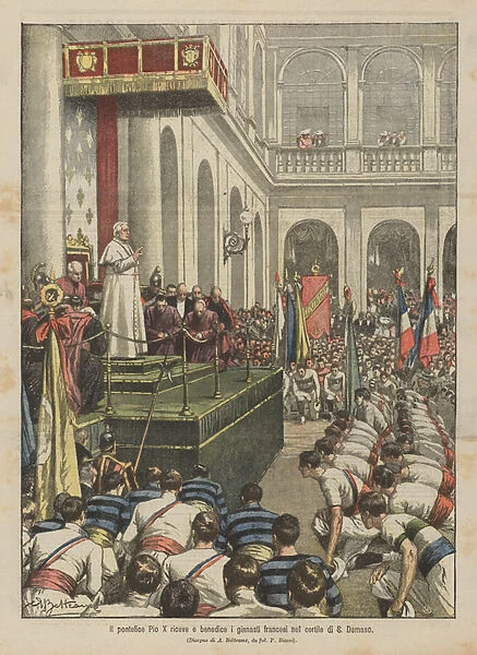 Pope Pius X receives and blesses French gymnasts in the courtyard ofs Damaso (colour litho)