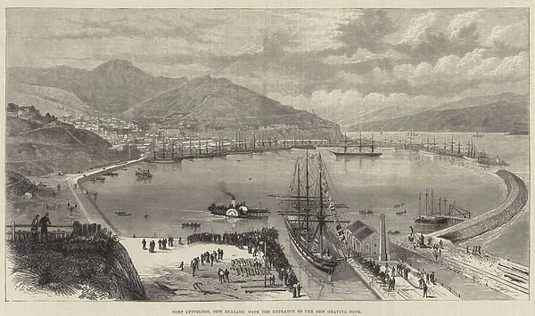 Port Lyttelton, New Zealand with the Entrance to the New Graving Dock (engraving)