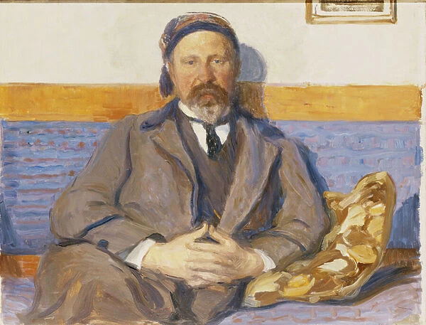 A Portrait of the Artists Husband George Pauli Seated on a Sofa, (oil on canvas)
