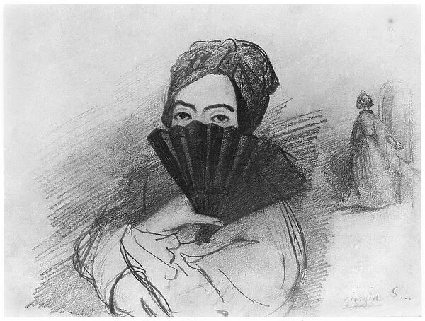 Portrait of George Sand (1804-76) behind her fan (pencil on paper) (b  /  w photo)