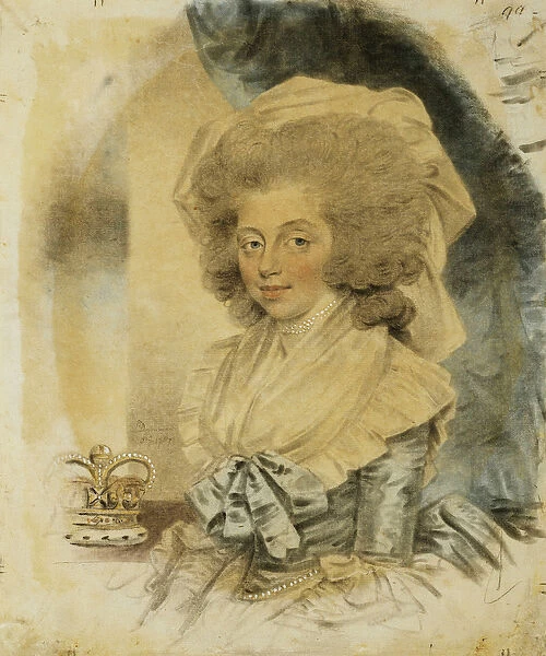 Portrait of Queen Charlotte, Small Half Length Wearing a Blue and White Dress