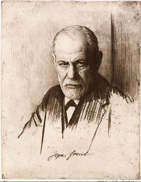 Portrait de Sigmund Freud (1856-1939). Oeuvre de Ferdinand Schmutzer (1870-1928), gravure, 1926. Art autrichien, 20e siecle. realisme. Sigmund Freud Museum, Vienne (Autriche)