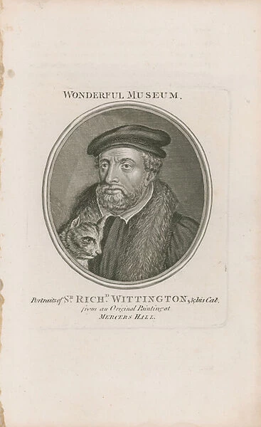 Portrait of Sir Richard Whittington and his cat (engraving)