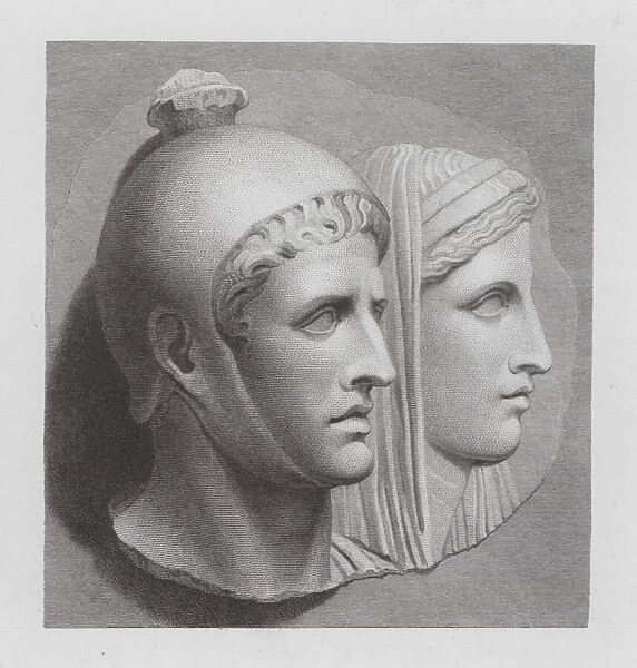 Priest and veiled woman, ancient Roman marble relief (engraving)