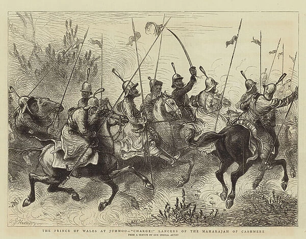 The Prince of Wales at Jummoo, 'Charge!'Lancers of the Maharajah of Cashmere (engraving)
