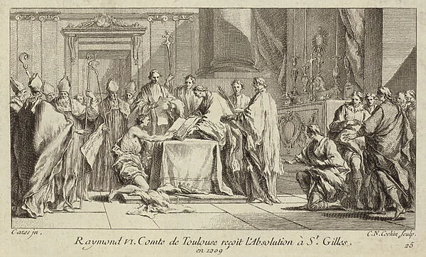 Raymond VI, Count of Toulouse, humbling himself at the Church of St Gilles in order to have his excommunication lifted, 1209 (engraving)