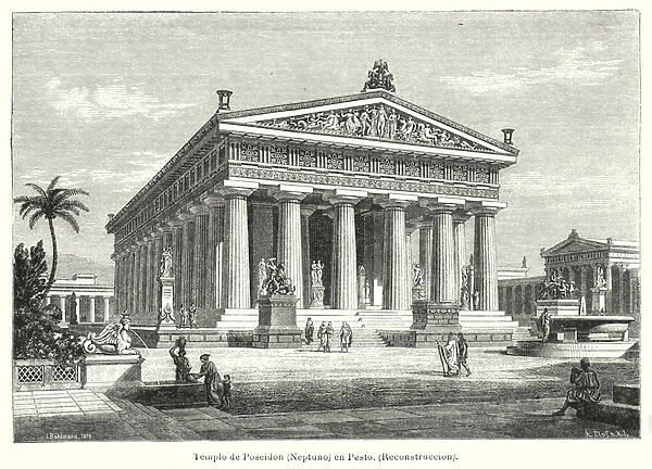 Reconstruction of the Ancient Greek Temple of Poseidon, Paestum, Italy (litho)