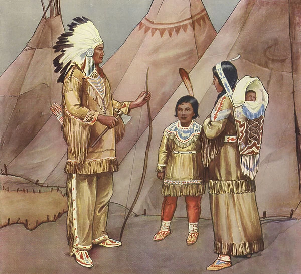 Red Indian family (colour litho)