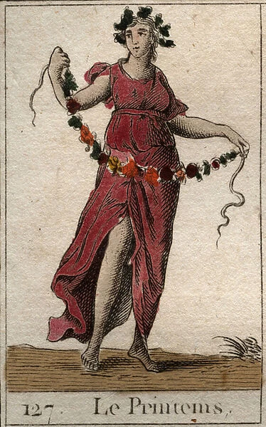 Representation of the spring season under the lines of Flora holding a garland of flowers