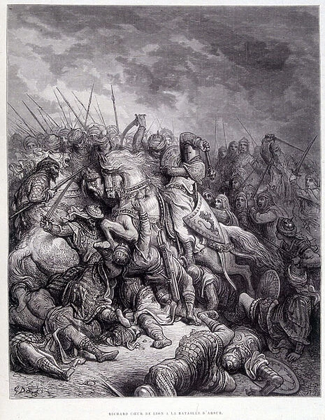 Richard Heart of Lion at the Battle of Arsur - engraving by Gustave Dore, 19th century