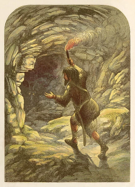 Robinson Crusoe frightened by a goat in a cave