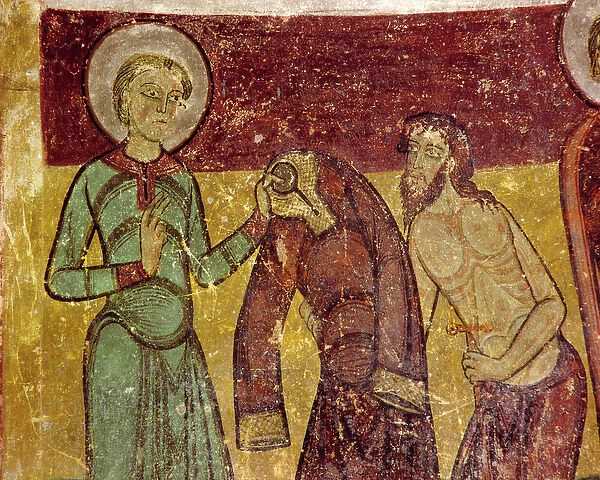 Saint Giles gives his cloak to the sick beggar, 12th century (fresco)