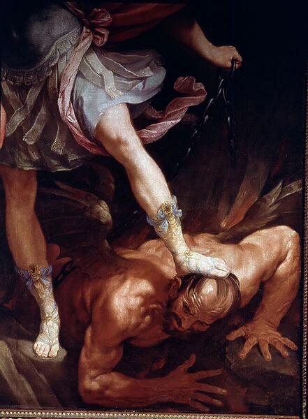 Saint Michael crushes the head of the demon. Detail of the sandal shoes (Silk Painting