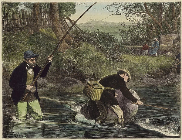 Salmon fishing (coloured engraving)