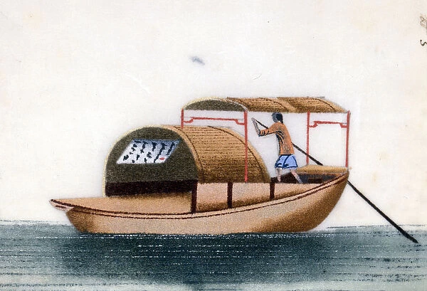 Sampan, traditional Chinese boat, painting on rice paper