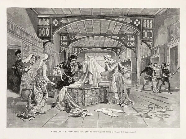 The scene of the basket (Act II, Part Two, Scene I) of Giuseppe Verdis opera Falstaff, from 'L Illustrazione Italiana', XX, N. 8, 19 February 1893 (litho)
