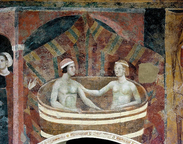 Scene of conjugal life in the Middle Ages. A couple doing their toilet in a bin. Detail. (fresco, early 14th century)