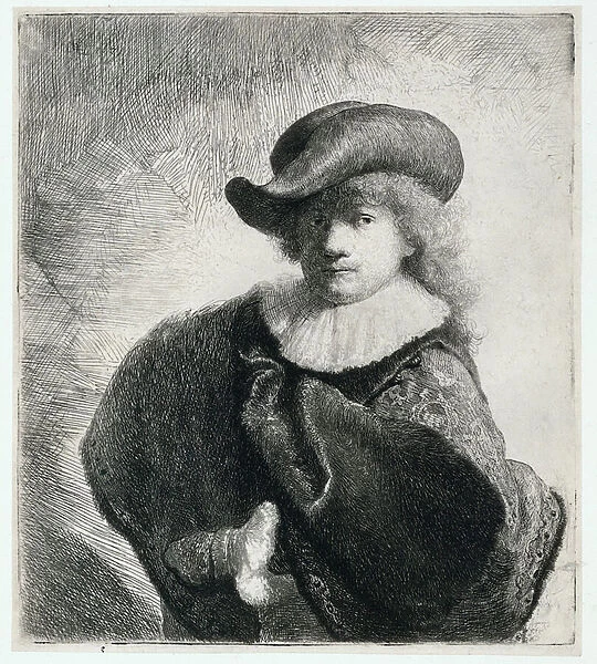 Self Portrait in a Soft Hat and Patterned Cloak, 1631 (etching)