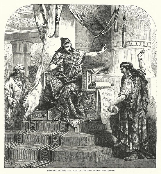 Shaphan reading the Book of the Law before King Josiah (engraving)
