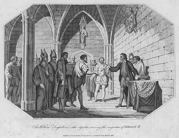 Sir William Trussell and other deputies receiving the resignation of Edward II (engraving)
