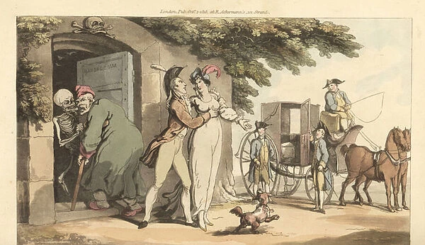 The skeleton of Death leads an old man into a mausoleum, leaving his young widow free to remarry. Handcoloured copperplate drawn and engraved by Thomas Rowlandson from The English Dance of Death, Ackermann, London, 1816