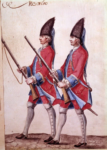 Soldiers of the Regiment of Mexico, detail of an 18th century watercolor