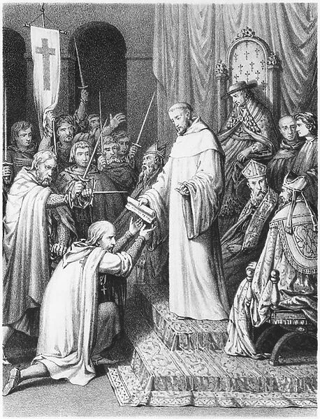St. Bernard, abbot of Clairvaux, giving the Templars their rules (litho) (b  /  w photo)