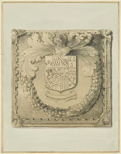 Stone coat of arms over North Door of Barrs Court, 1827 (pencil & w  /  c on paper)