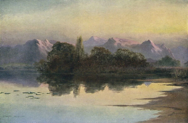 Sunset on the Wular Lake (colour litho)