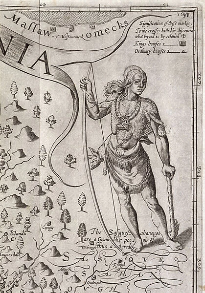 Susquehannock warrior, detail from Map of Virginia, engraved by William Hole (fl