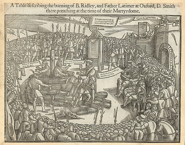A table describing the burning of Bishop Ridley and Father Latimer at Oxford (engraving)