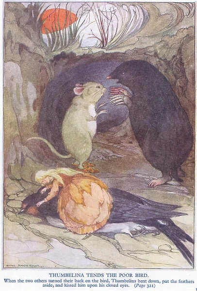 Thumbelina tends the poor bird (colour litho)