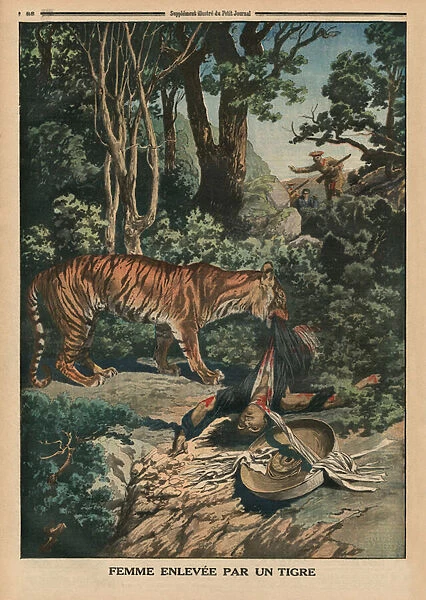 Tiger attacking a woman, back cover illustration from Le Petit Journal, supplement illustre, 15th March 1914 (colour litho)