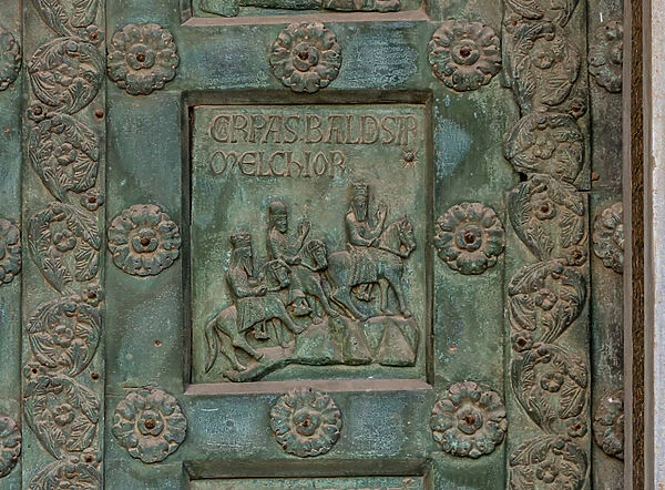 Tile depicting 'The Cavalcade of Magi: Caspar, Melchior and Balthasar'(scene of the New Testament), 1185-86 (bronze)
