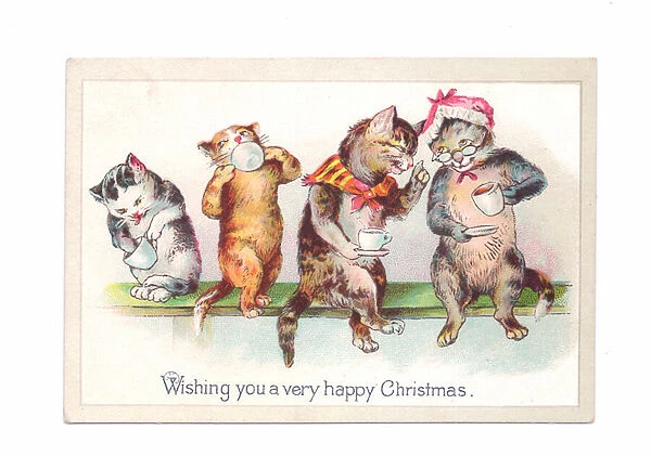 A Victorian Christmas card of cats and kittens drinking from teacups, c