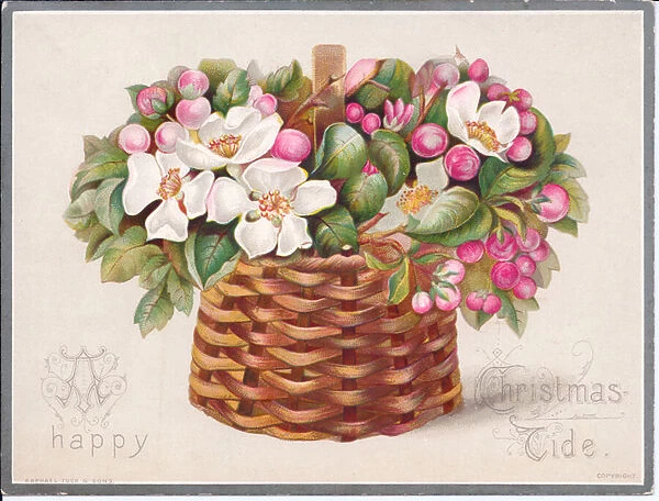 A Victorian Christmas card of flowers and leaves in a wicker basket, c