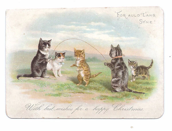 A Victorian Christmas card of five kittens playing at skipping, c. 1880 (colour litho)
