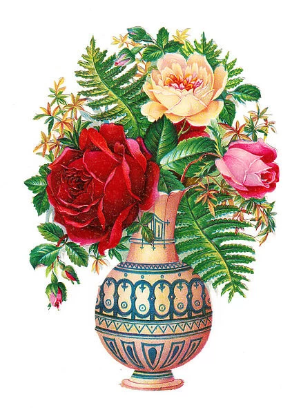 A Victorian Floral Paper Scrap Relief of roses and fern in a ornamental vase, c