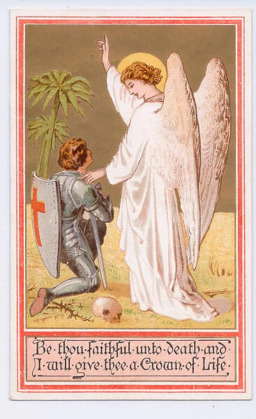 Victorian greeting card of an angel with her hand on a kneeling knight, c