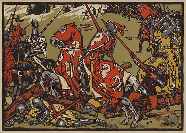 Victory of the Swiss over the Austrians at the Battle of Morgarten, 15 November 1315 (colour litho)