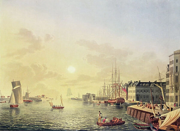 View of the port and harbour at Le Havre, early 19th century (colour engraving)