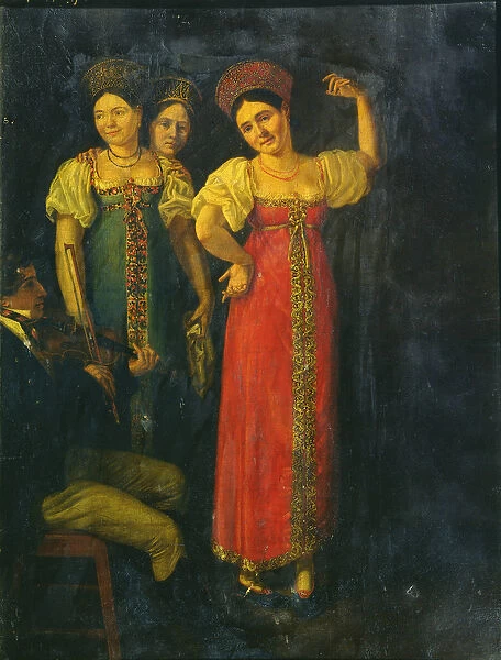 Violinist and three women dancing (oil on canvas)