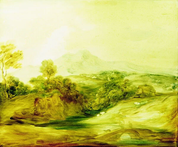 Wooded River landscape with figures on a bridge, c. 1783-4 (paint on glass)