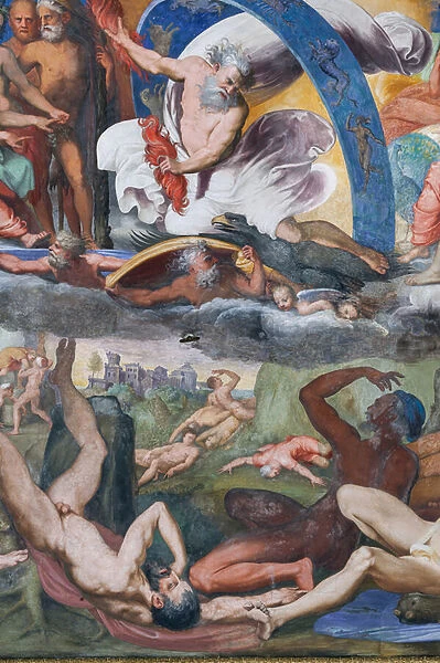 Zeus striking the rebelling Giants (the Fall of Giants) in The Hall of Jupiter, 1530-33 (fresco) (detail of 3606300)