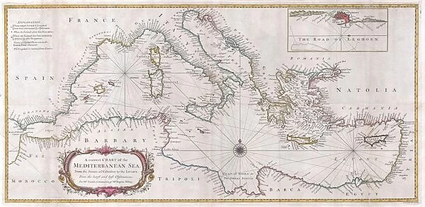 1745, Seale Map or Chart of the Mediterranean Sea, topography, cartography, geography