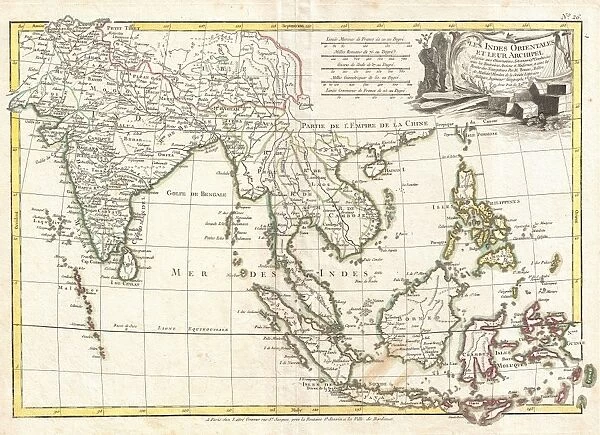 1770, Bonne Map of India, Southeast Asia and The East Indies, Thailand, Borneo, Singapore