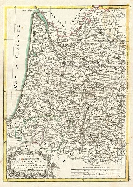 1771, Bonne Map of Guyenne and Gascony, France, Rigobert Bonne 1727 - 1794, one of